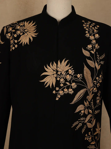 Black Floral Embroidered Viscose Sherwani Suit - Diadem