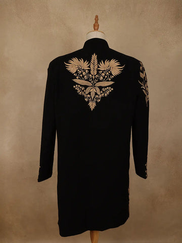 Black Floral Embroidered Viscose Sherwani Suit - Diadem