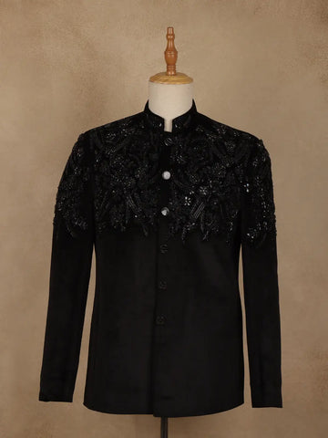 Black Floral Motif Design Viscose Men's Suit - Diadem