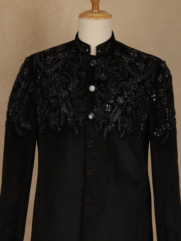 Black Floral Motif Design Viscose Men's Suit - Diadem