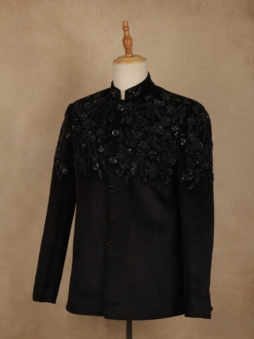 Black Floral Motif Design Viscose Men's Suit - Diadem
