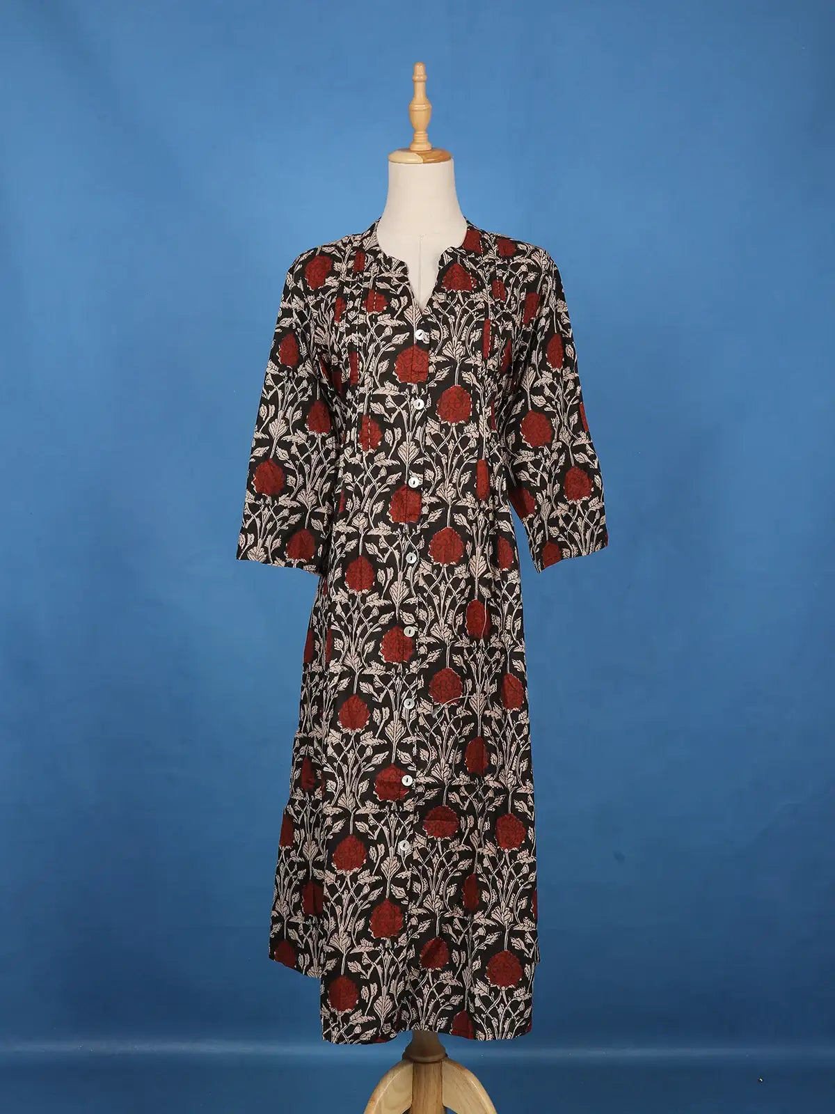 Black Floral Printed Cotton Kurti With Front Buttons