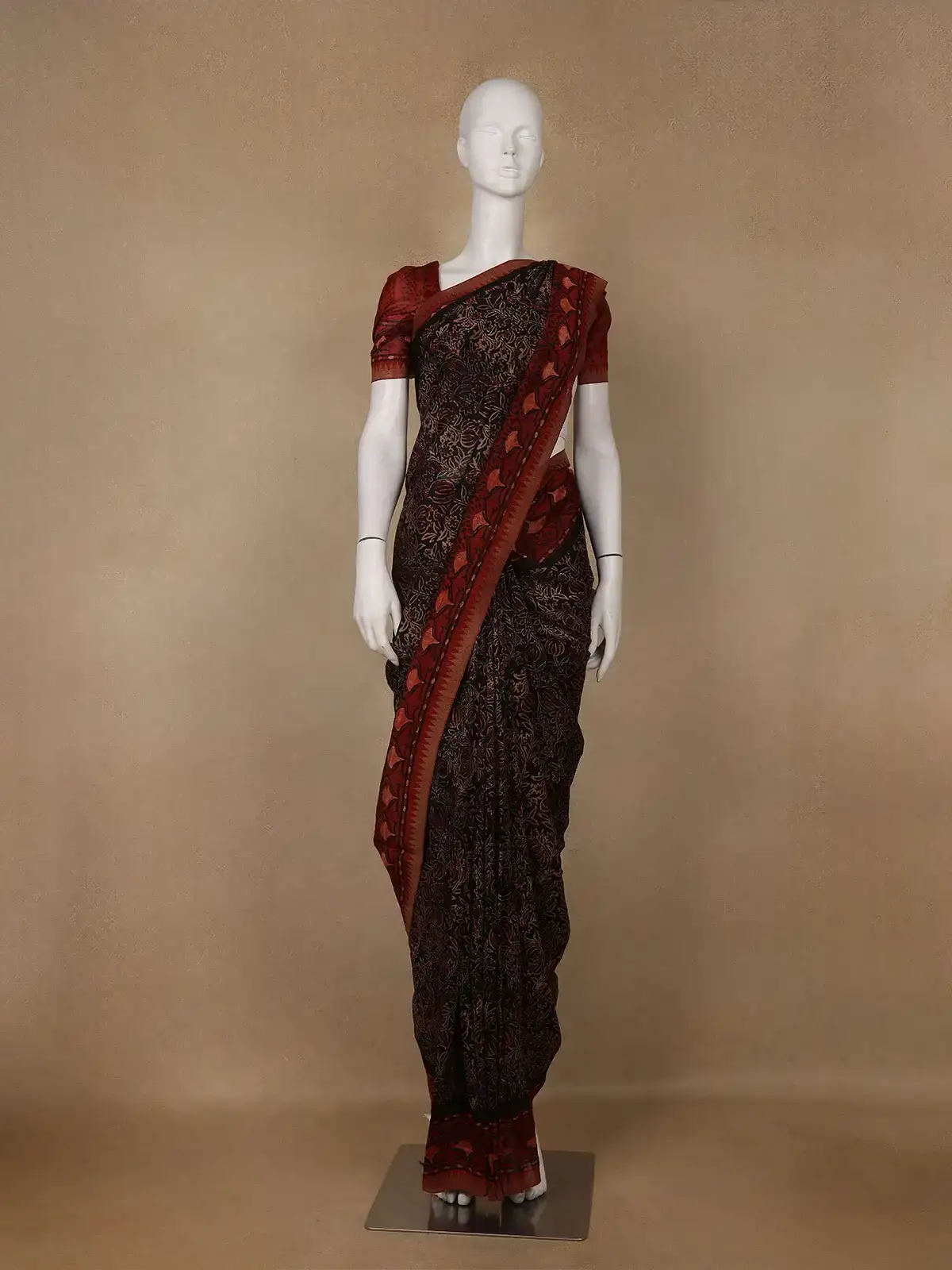 Black Floral Printed Cotton Saree - Diadem