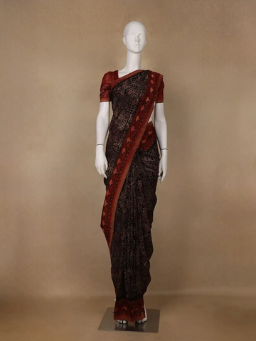 Black Floral Printed Cotton Saree - Diadem