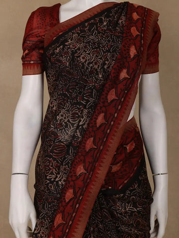 Black Floral Printed Cotton Saree - Diadem