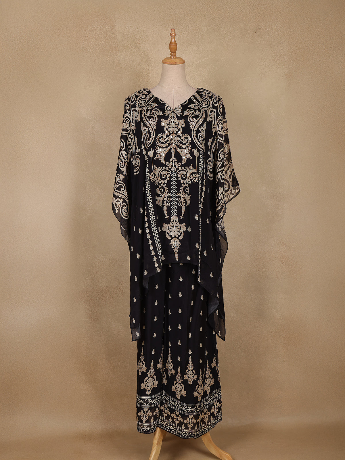 Black Floral Printed Design Crepe Kaftan Suit