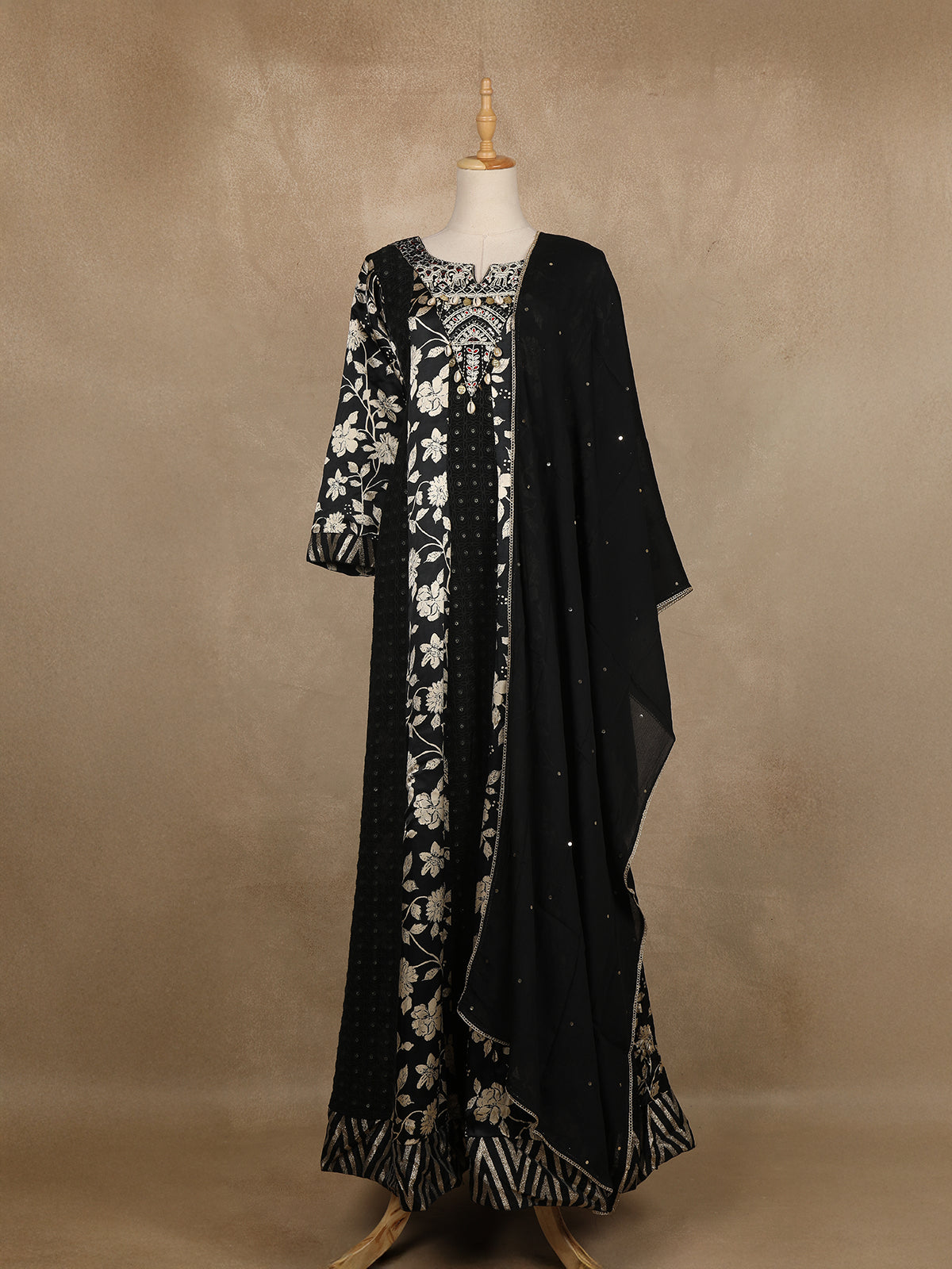 Black Floral Printed Satin Gown With Mirror Work Yoke And Dupatta