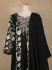 Black Floral Printed Satin Gown With Mirror Work Yoke And Dupatta