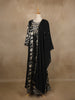 Black Floral Printed Satin Gown With Mirror Work Yoke And Dupatta