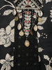Black Floral Printed Satin Gown With Mirror Work Yoke And Dupatta