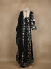 Black Floral Printed Satin Gown With Mirror Work Yoke And Dupatta