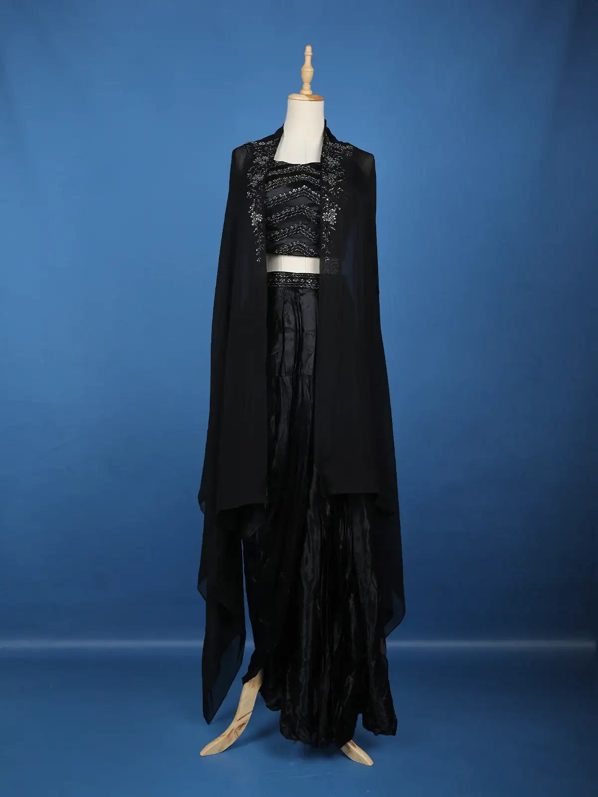 Black Floral Sequins Design Satin Skirt Top - Diadem