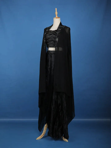 Black Floral Sequins Design Satin Skirt Top - Diadem