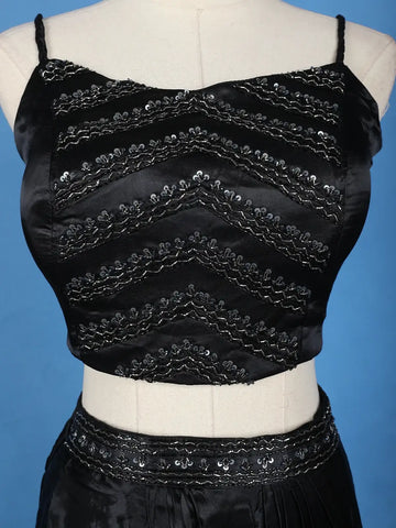Black Floral Sequins Design Satin Skirt Top - Diadem