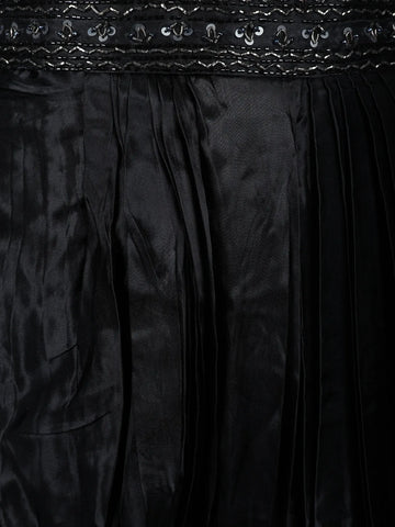 Black Floral Sequins Design Satin Skirt Top - Diadem