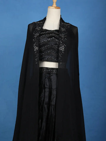 Black Floral Sequins Design Satin Skirt Top - Diadem