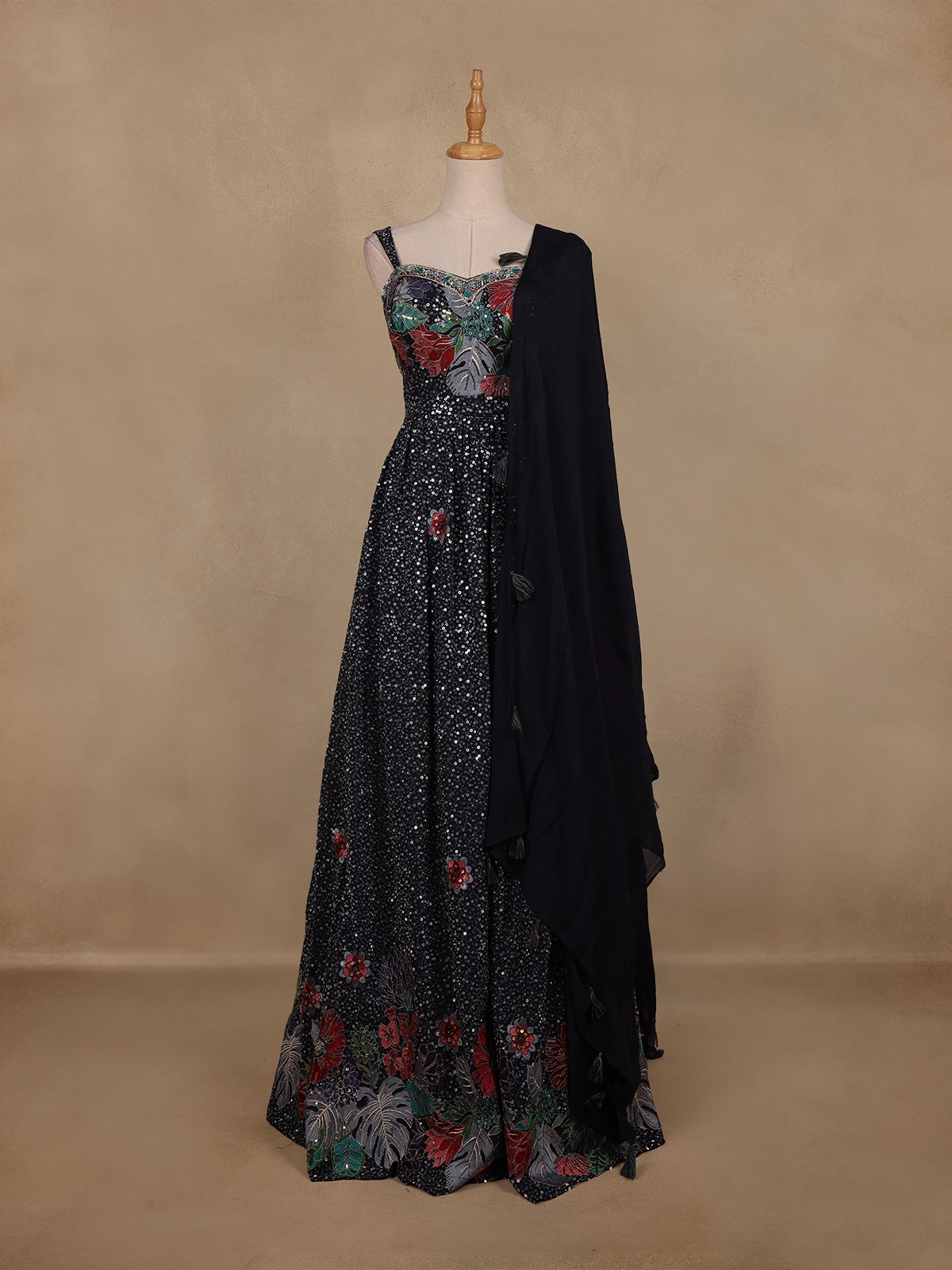 Black Floral Sequins Embroidered Design Georgette Gown