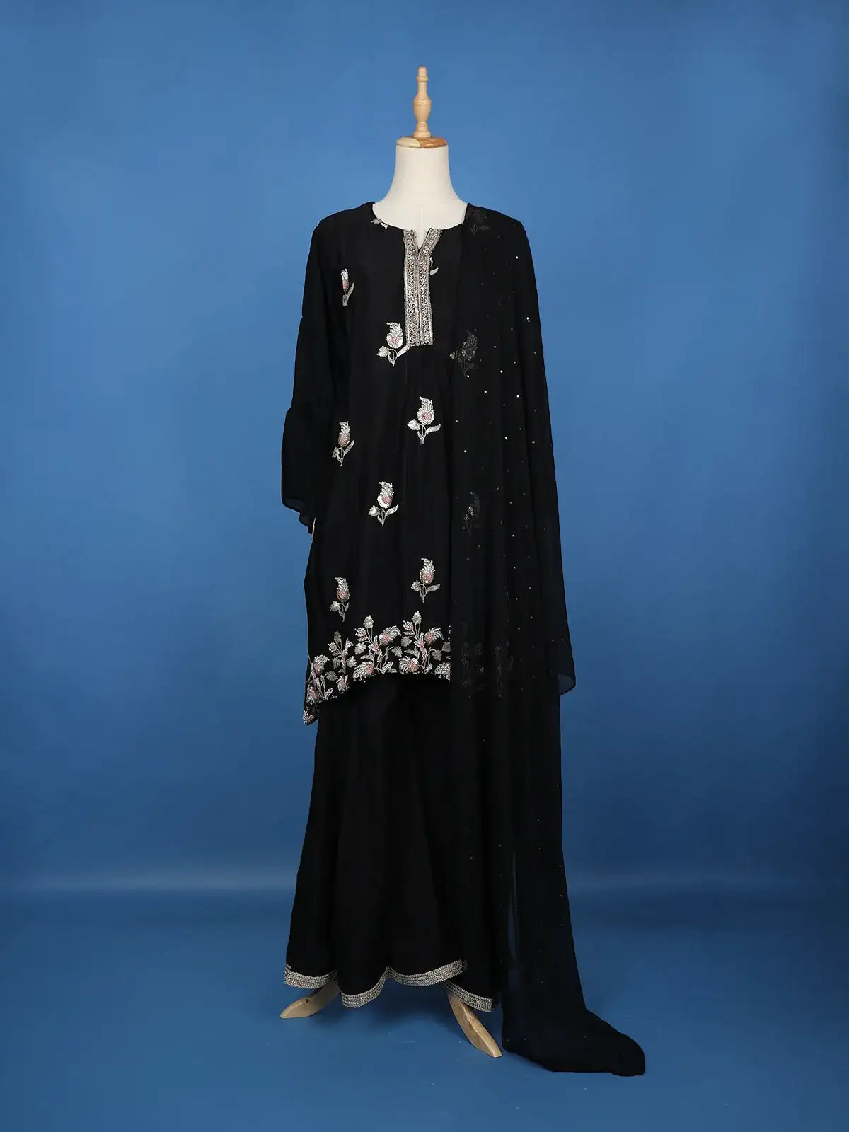 Black Floral Sequins Embroidered Georgette Sharara Salwar Suit - Diadem