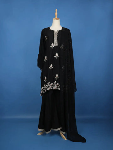 Black Floral Sequins Embroidered Georgette Sharara Salwar Suit - Diadem