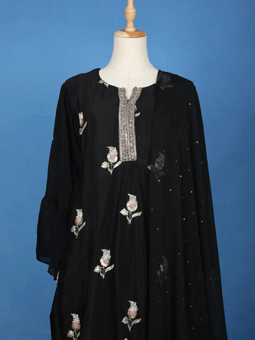 Black Floral Sequins Embroidered Georgette Sharara Salwar Suit - Diadem
