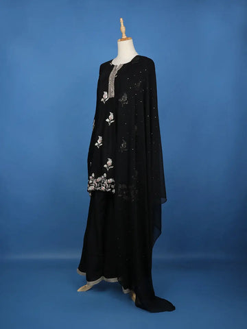 Black Floral Sequins Embroidered Georgette Sharara Salwar Suit - Diadem