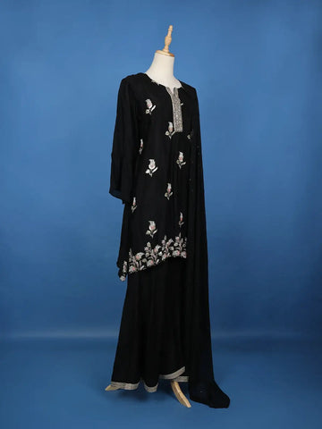 Black Floral Sequins Embroidered Georgette Sharara Salwar Suit - Diadem