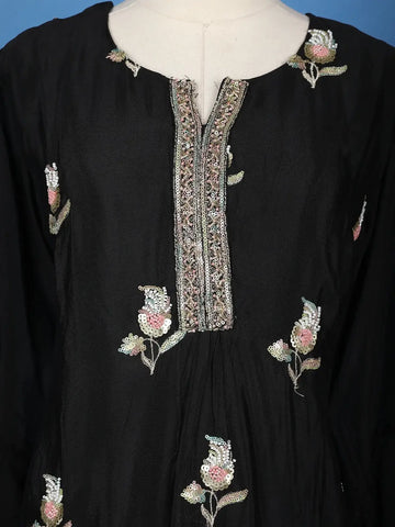 Black Floral Sequins Embroidered Georgette Sharara Salwar Suit - Diadem