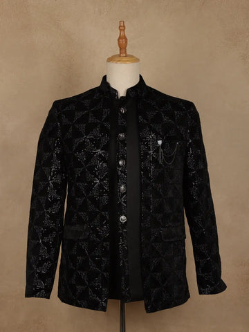 Black Geometric Sequins Embroidered Velvet Men’s Suit - Diadem