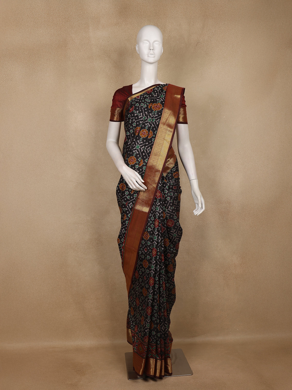 Black Geometric Woven Design Cotton Saree with Contrast Maroon Zari Border