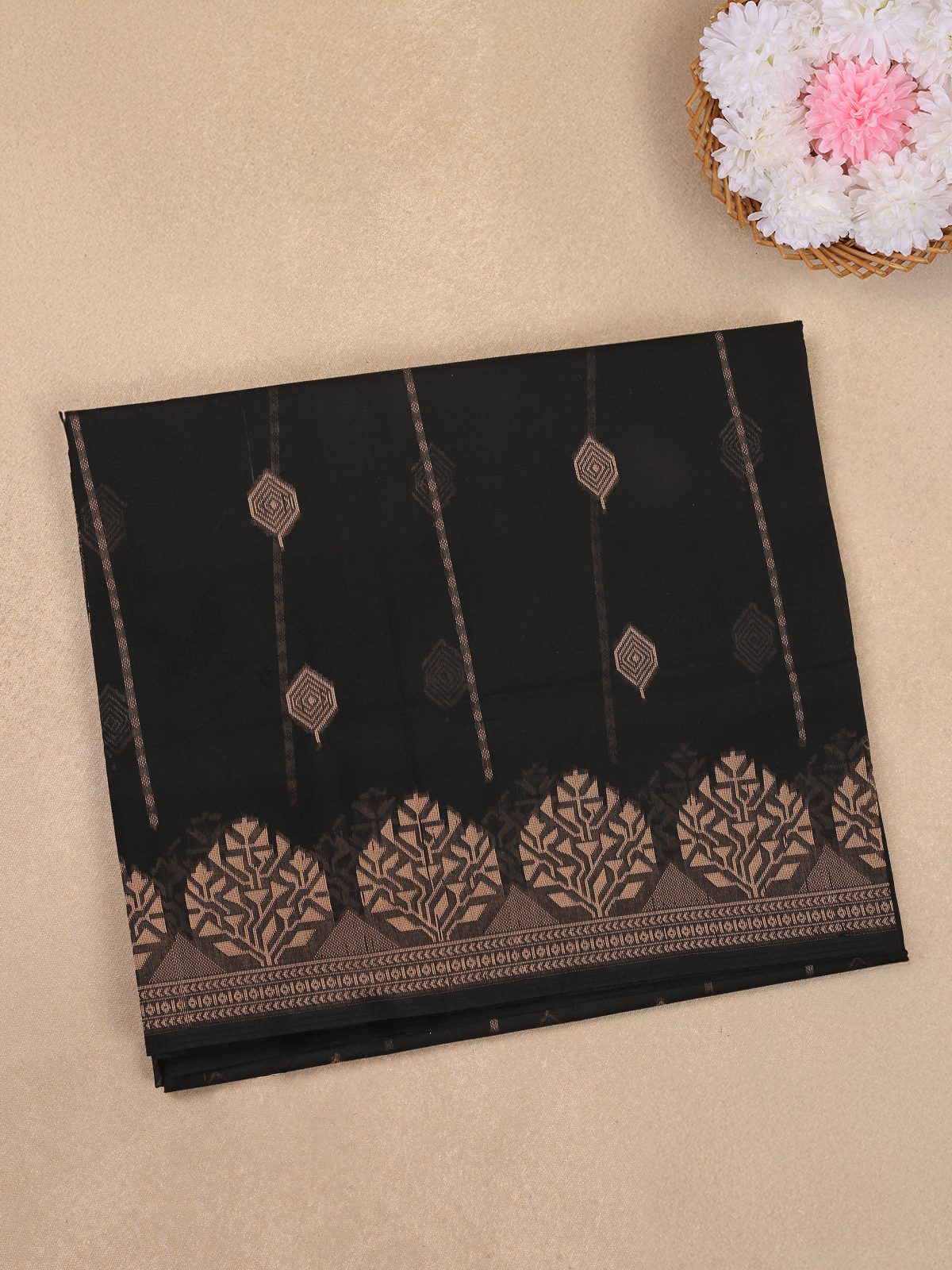 Black Geometric Woven Design Cotton Saree with Self Border
