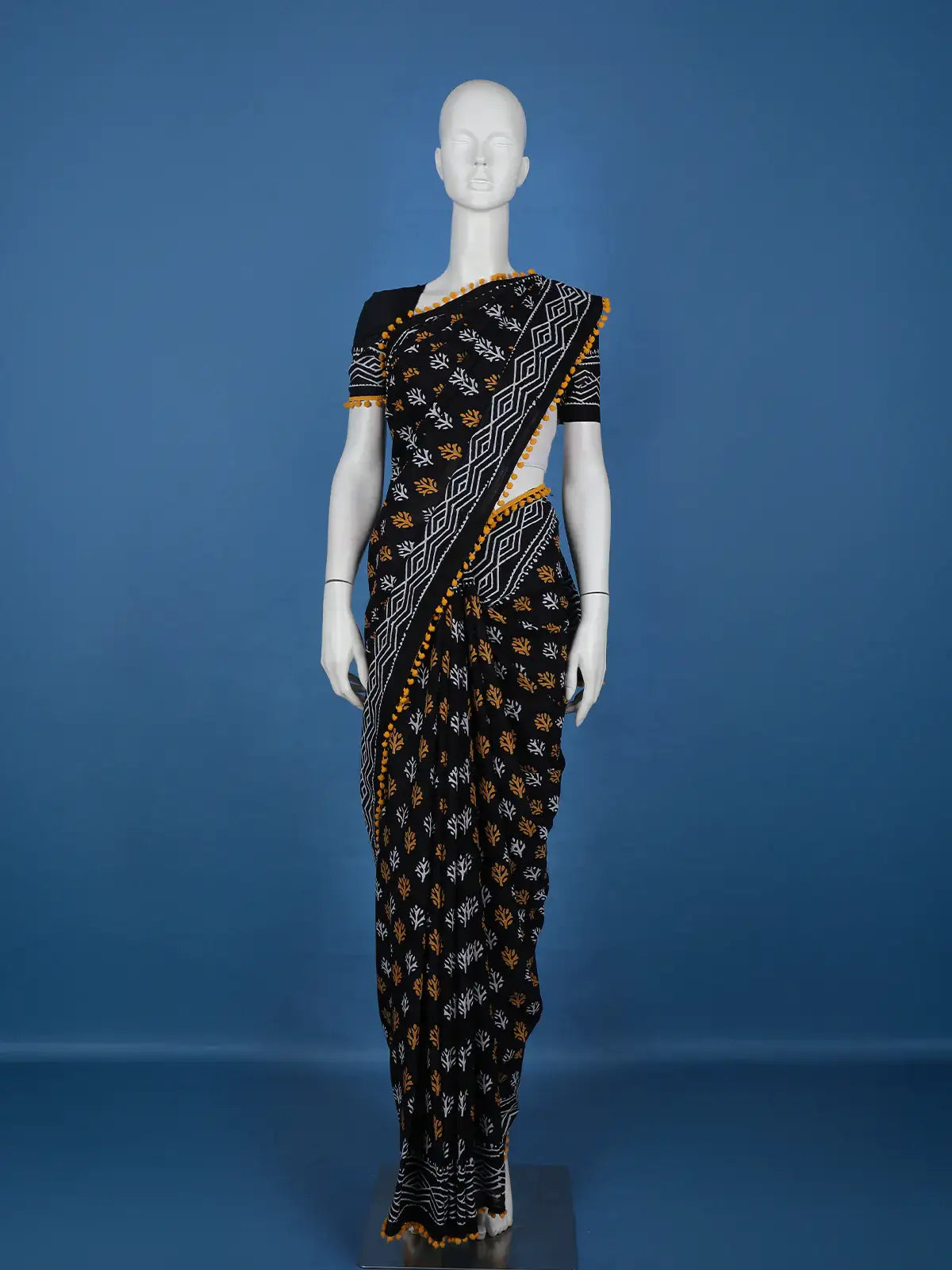 Black Leaf Designed Cotton Saree - Diadem