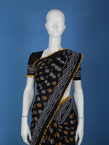 Black Leaf Designed Cotton Saree - Diadem