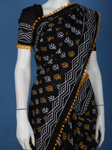 Black Leaf Designed Cotton Saree - Diadem
