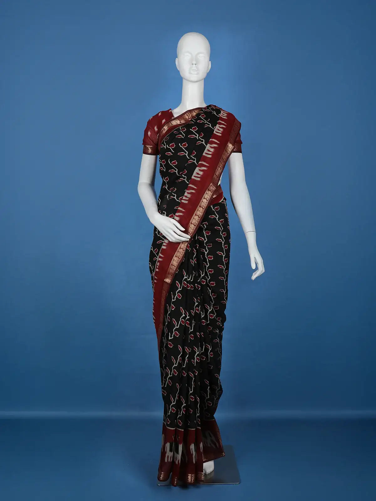 Black Leaf Printed Cotton Saree - Diadem