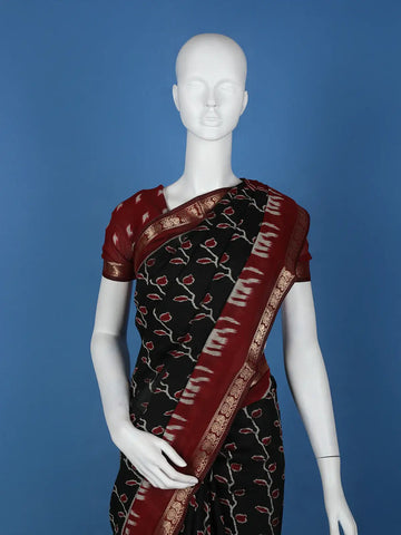 Black Leaf Printed Cotton Saree - Diadem