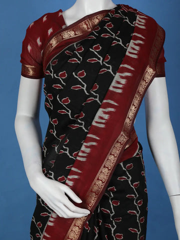 Black Leaf Printed Cotton Saree - Diadem