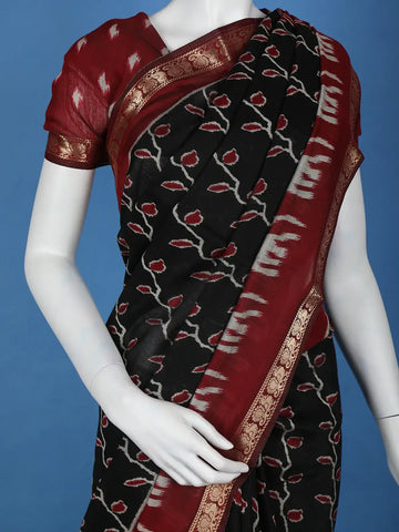 Black Leaf Printed Cotton Saree - Diadem