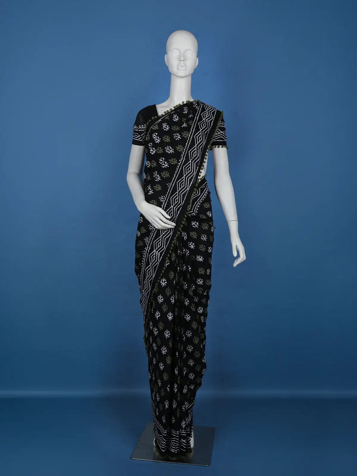 Black Leaf Printed Cotton Saree - Diadem