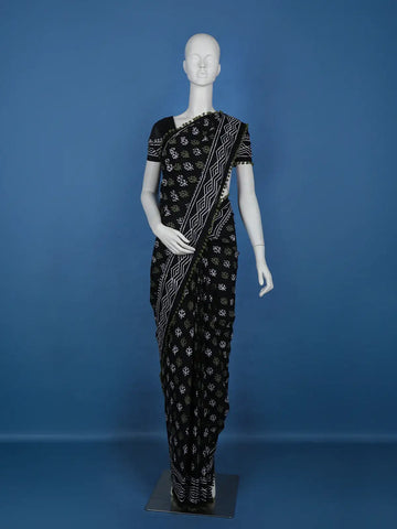 Black Leaf Printed Cotton Saree - Diadem