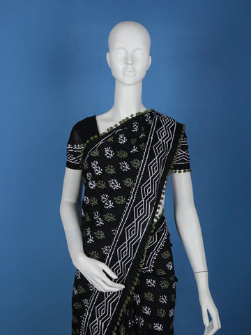 Black Leaf Printed Cotton Saree - Diadem