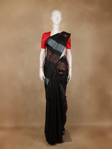 Black Paisley And Birds Motif Woven Design Pure Kanchipuram Silk Saree - Diadem