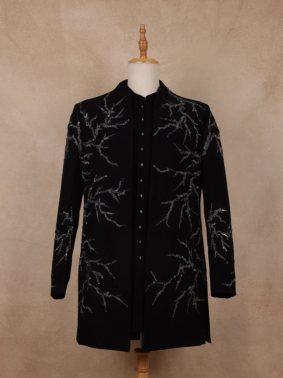 Black Sequins Design Polynosic Sherwani Suit