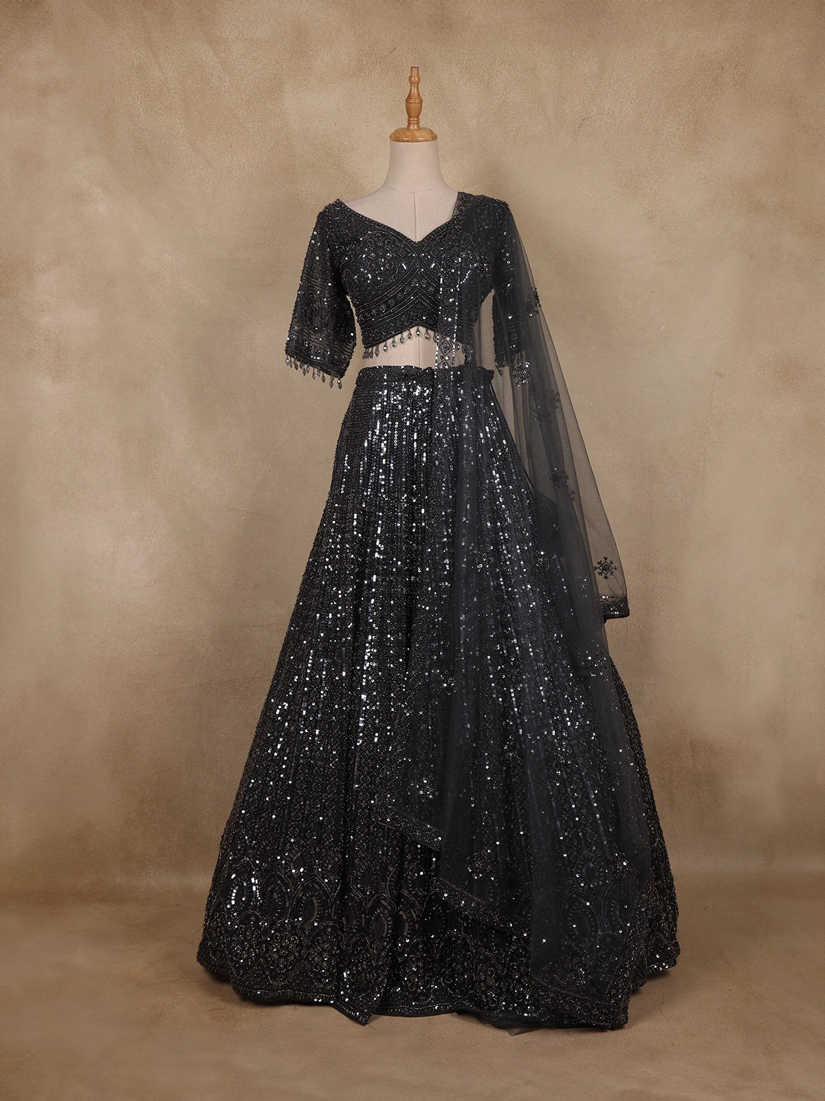 Black Sequins Embroidered Design Net Lehenga