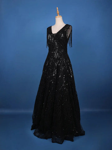 Black Sequins Embroidered Net Gown - Diadem