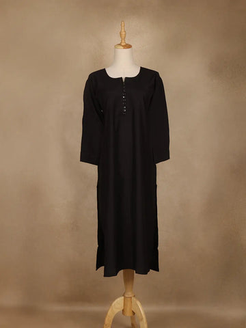 Black Solid Cotton Kurti With Button Detailing - Diadem