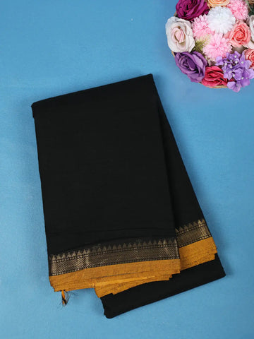 Black Solid Cotton Saree With Golden Zari Border - Diadem