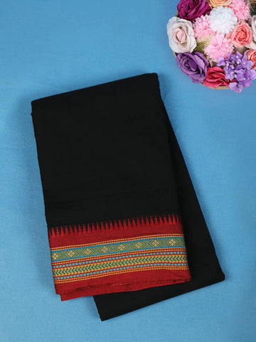 Black Solid Cotton Saree With Multicolor Woven Border - Diadem