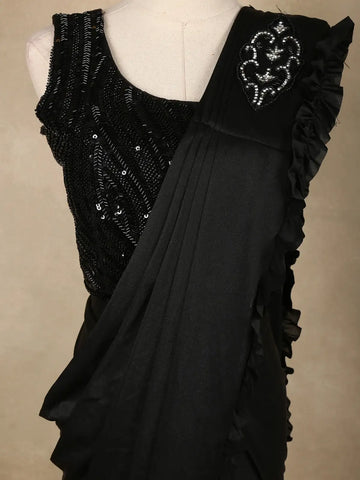 Black Solid Design Satin Ready To Wear Saree with Designer Blouse - Diadem