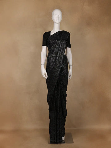 Black Stone Embellished Satin Saree with Matching Blouse - Diadem