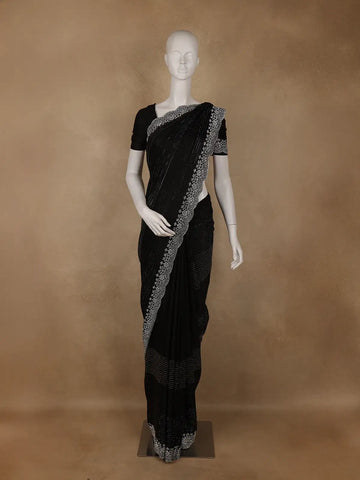 Black Stone Embellished Satin Saree With Scalloped Border - Diadem